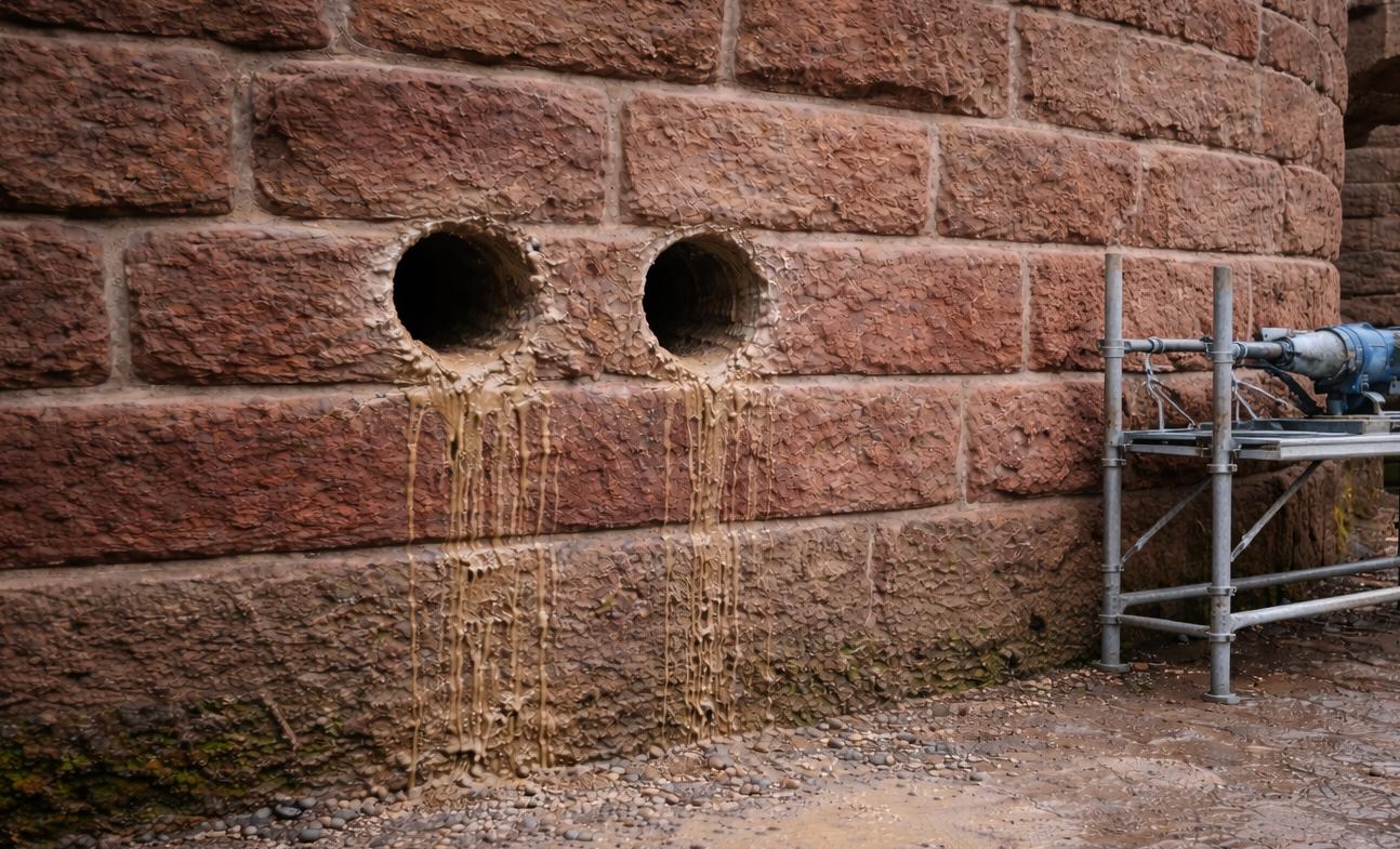 Präzise Kernbohrung in historische Naturstein Burgmauer aus Sandstein. Ausgeführt im Nassbohrverfahren.